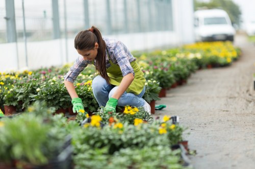 Team of gardeners reviewing safety procedures in a garden