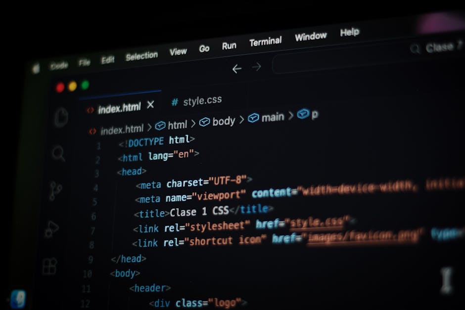 A computer screen displaying HTML code with syntax highlighting, including tags such as <!DOCTYPE html>, <html>, <head>, and <body>. The code is written in a text editor with a dark background and col